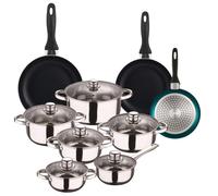 Well Home Set de Batería de cocina de 12pc en acero inoxidable + 3 Sartenes Ø16Ø20Ø24cm de varios colores en aluminio prensado