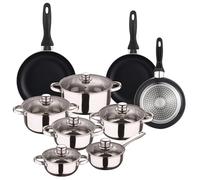 Well Home Set de Batería de cocina de 12pc en acero inoxidable + 3 Sartenes Ø16Ø20Ø24cm Negro en aluminio prensado