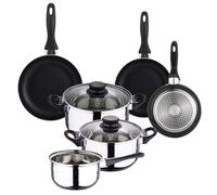 Well Home Set de Batería de cocina de 5pc en acero inoxidable + 3 Sartenes Ø16Ø20Ø24cm Negro en aluminio prensado