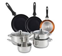 Well Home Set de Batería de cocina de 7pc en acero inoxidable + 3 Sartenes Ø16Ø20Ø24cm Bronce metalizado en aluminio prensado