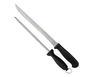 Well Home Set de Cuchillo jamonero (hoja 25cm) y Chaira (21cm) en acero inoxidable