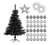 Well Home Set Navideño de Árbol Negro floreciente de 210cm con Estrella de 15 LED + 2 Guirnaldas de 80 LED y 36 Bolas decorativas plateadas