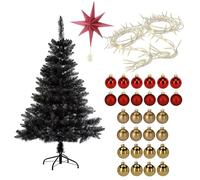 Well Home Set Navideño de Árbol Negro floreciente de 210cm con Estrella de papel 30cm + 2 Guirnaldas de 80 LED y 28 Bolas decorativas rojas y doradas