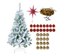 Well home set navideño de árbol nevado de 180cm con estrella de papel roja 30cm + guirnalda de 80 led y 32 bolas decorativas doradas y rojas