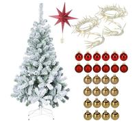 Well Home Set Navideño de Árbol nevado de 210cm con Estrella de Papel 30cm + 2 Guirnaldas de 80 LED y 28 Bolas Decorativas Rojas y Doradas