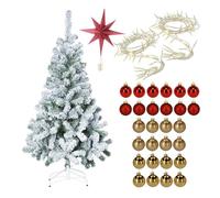 Well home set navideño de árbol nevado de 210cm con estrella de papel 30cm + 2 guirnaldas de 80 led y 28 bolas decorativas rojas y doradas 210 cm