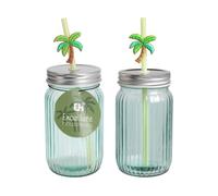 Well home vaso de vidrio con tapa y pajita, 450ml, diseño palm pv, verde transparente, 7,8x7,8xh13cm