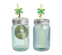 Well Home Vaso de Vidrio con Tapa y Pajita, 450ml, Diseño Palm PV, Verde Transparente, 7,8x7,8xH13cm