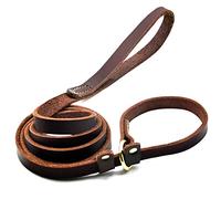 Wellbro Correa deslizante de piel auténtica para perro, correas ajustables cosidas con deslizador, correas planas resistentes para perros medianos y grandes, 5 pies de largo por 0.7 pulgadas de ancho,