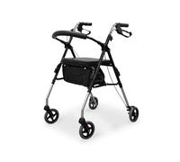 WELLCORE Andador Plegable de Aluminio Ligero con Asiento, Respaldo Acolchado de Polipiel y Bolsa Portaobjetos, Andador de 4 Ruedas con Frenos de Maneta y Altura Regulable, Color Negro