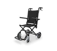 WELLCORE Silla de ruedas plegable para transporte, Aluminio, Ligera, Compacta, Frenos de maneta, Cinturón de seguridad, Reposapiés abatibles, Reposabrazos abatibles, Color negro