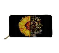 WELLFLYHOM Cartera de piel con cremallera para mujer, diseño de girasol, color negro, con cremallera, para tarjetas de crédito, teléfono, moneda, bolsillo grande, Cartera de viaje