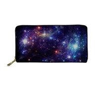 WELLFLYHOM Cartera grande de piel con cremallera alrededor de la tarjetero, organizador de viaje para mujer, Galaxia azul y morada, L, Cartera de viaje
