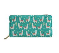 WELLFLYHOM Cartera grande de piel con cremallera alrededor de la tarjetero, organizador de viaje para mujer, Aqua Cactus Llama, L, Cartera de viaje