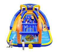 WELLFUNTIME Parque inflable de doble toboganes de agua con soplador, casa inflable de rebote con pared de escalada, cañón de agua, juego de diana de tiro con arco, rociador de cortina de agua y