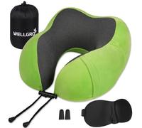 WELLGRO Juego de Almohada Cervical con Antifaz 3D y Tapones para los oídos - Funda extraíble - Espuma con Memoria - Cremallera - Incluye Bolsa de Almacenamiento - Almohada de Viaje Verde