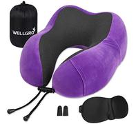 WELLGRO Juego de Almohada Cervical con Antifaz 3D y Tapones para los oídos - Funda extraíble - Espuma con Memoria - Cremallera - Incluye Bolsa de Almacenamiento - Almohada de Viaje Púrpura