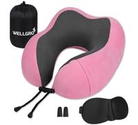 WELLGRO Juego de Almohada Cervical con Antifaz 3D y Tapones para los oídos - Funda extraíble - Espuma con Memoria - Cremallera - Incluye Bolsa de Almacenamiento - Almohada de Viaje Rosa