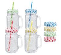WELLGRO Juego de vasos de cristal multicolor con tapa y pajita de 500 ml, incluye tapas de repuesto, vasos de cóctel reutilizables, cantidad: 4 unidades