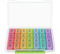 WELLGRO Pastillero para 7 días, 4 compartimentos por día, tapa abatible con cierre a presión, caja de almacenamiento, plástico sin BPA, color: multicolor