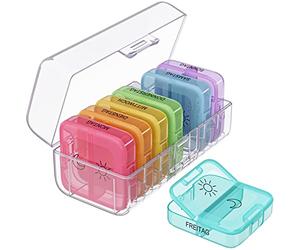 WELLGRO Pastillero para 7 días - Pastillero con 2 compartimentos por día - Tapa abatible con cierre a presión - Caja de almacenamiento - Plástico sin BPA, color: transparente