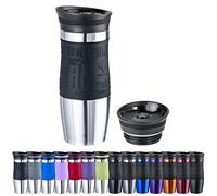 WELLGRO Taza térmica de 400 ml + 1 tapa extra - Acero inoxidable - Mango de silicona suave al tacto - libre de BPA - Vaso térmico de doble pared - Travel Mug - Taza de café para llevar - Color: Negro