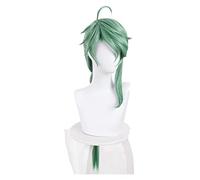 WELLHY Peluca de Cosplay Genshin Impact Baizhu Peluca de Cosplay Bollo extraíble Baishu Verde 90 cm Largo Recto Trenzado Cola de Caballo Resistente al Calor Juego de rol de Cabello for Coser