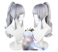 WELLHY Peluca de Cosplay Genshin Impact Peluca Anime Cosplay Kamisato Ayaka Peluca Cola de Caballo Peluca Plateada con Gorro de Peluca Gratis for Fiesta de Halloween Carnaval Vida Nocturna Conciertos