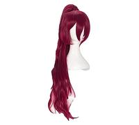 WELLHY Peluca de Cosplay Puella Magi Madoka Magica Kyouko Sakura Kyoko Peluca de Cosplay Larga roja con un Chip Cola de Caballo Peluca sintética Resistente al Calor + Gorro de Peluca for Coser