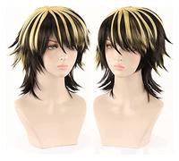 WELLHY Peluca Ondulada Natural Corta Rubia mezclada Negra for la Peluca Cosplay sintética del Anime del Partido for la Peluca de Coser de los Hombres