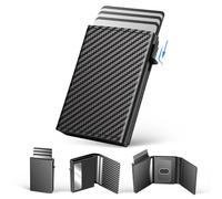 WELLNEC Cartera para Hombre con Bloqueo RFID, 11 Tarjetas, automática, Delgada, de Fibra de Carbono, con 1 Compartimento para Billetes, 1 Ventana de identificación, 3 Ranuras para Tarjetas