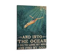 WELLPOSTER Póster vintage con texto en inglés "And Into The Ocean I Go To Lose My Mind And Find My Soul-Swimming vintage", arte de pared, decoración de pared abstracta vintage para sala de estar, 30 x