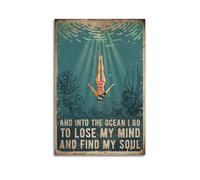 WELLPOSTER Póster vintage con texto en inglés "Swimming And Into The Ocean I Go To Lose My Mind And Find My Soul-Swimming vintage", arte artístico para pared, decoración de pared vintage abstracta