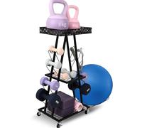 Wellsign Soporte para mancuernas, estante de pesas de 4 niveles para mancuernas y estante de equipo de gimnasio en casa de 3 niveles para esterilla de yoga, rodillo de espuma, pesas rusas, soporte