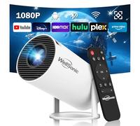 WellSonic Mini proyector compatible con 1080P, 200 Ansi, proyector portátil de películas en casa y exteriores con WiFi 6 y Bluetooth 5.0, corrección trapezoidal automática, rotación de 180°