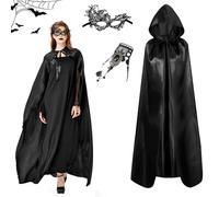 WELLXUNK Capa Negra con Capucha, 170cm, 3PCS Capa de Halloween Adulto con Máscara y Cadena de Dedo, Capas de Bruja Negra, Disfraz Vampiro Largo Mujeres para Carnaval Halloween Disfraces Mascarada
