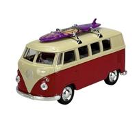 Welly Modelo Coche Compatible con VW Volkswagen T1 Rojo Blanco con Tabla de Surf Samba Bully Bus 1950-1967 1/34-1/39 Metal Die Cast Nuevo en Caja