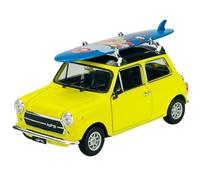 Welly - Modelo de coche compatible con Mini Cooper 1300 amarillo con tabla de surf amarilla aprox. 1/24 1:24 modelo de metal modelo coche Die Cast nuevo en caja