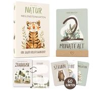 WELTWERK Tarjetas de hito para bebé, 60 tarjetas mensuales con reverso para escribir, incluye caja de regalo y expositor de madera, regalo para embarazo, baby shower y parto