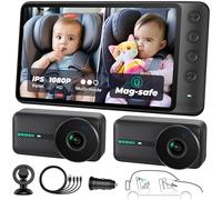 WEMOH Cámara de coche magnética doble para bebé para dos niños, pantalla IPS 1080P con montaje magnético, 3 modos (Zoom/Espejo/Split), visión nocturna automática, cámara de coche con USB para bebé