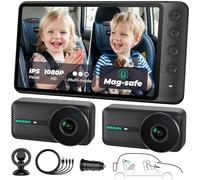 WEMOH Cámara magnética dual para coche de bebé para dos niños, pantalla IPS de 1080P con soporte magnético, 3 modos (zoom/espejo/división), visión nocturna automática, cámara de coche alimentada por