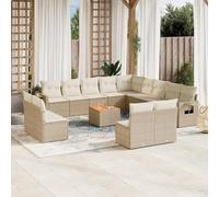 WEMYUFURN Conjunto de sofás de jardín de ratán beige con cojines, conjunto modular de ratán de polietileno y madera de acacia, estantes plegables con muelles de gas, fundas extraíbles