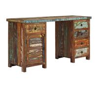 WEMYUFURN Escritorio de estilo vintage de madera maciza recuperada, 140 x 50 x 77 cm, con 5 cajones y 1 armario, madera reciclada de edificios antiguos, mesa extraíble para conversión