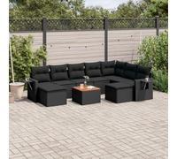 WEMYUFURN Juego de 10 sofás de jardín con cojines de ratán sintético negro, incluye mesa auxiliar con tablero de madera de acacia y estantes plegables con muelles de gas, diseño modular extraíble