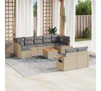 WEMYUFURN Juego de 10 sofás de jardín con cojines, mimbre de polirratán beige, juego de sofá de jardín modular con mesa auxiliar de madera de acacia, estantes plegables con muelles de gas, fundas