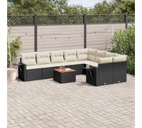 WEMYUFURN Juego de 10 sofás de ratán sintético negro con cojines, diseño modular, estantes plegables con muelles de gas, mesa de madera de acacia, fundas extraíbles y lavables