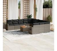 WEMYUFURN Juego de 12 sofás modulares de jardín gris con cojines de ratán sintético, incluye mesa auxiliar con tablero de madera de acacia y estantes plegables con muelles de gas