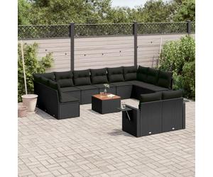 WEMYUFURN Juego de 13 sofás de ratán sintético con cojines, sofá de jardín con mesa auxiliar, diseño modular, estantes plegables con muelles de gas, mesa de madera de acacia, extraíble