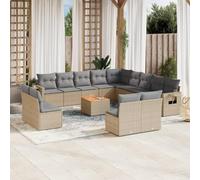 WEMYUFURN Juego de 14 muebles de jardín de ratán sintético beige con cojines, sofá de jardín con estantes plegables y muelles de gas, juego de muebles de jardín modular con tablero de madera de acacia