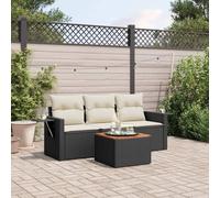 WEMYUFURN Juego de 4 sofás modulares de jardín con cojines de ratán de polietileno en color negro, incluye mesa auxiliar con tablero de madera de acacia y estantes plegables con muelles de gas